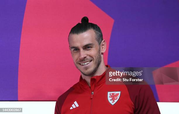 Wales captain Gareth Bale speaks to the media ahead of their match against USA during the Wales Press Conference at MCC on November 20, 2022 in Doha,...