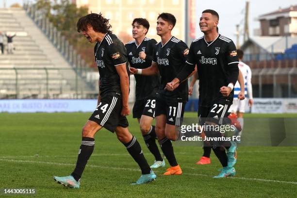 Martin Palumbo of Juventus Next Gen celebrates with his team-mates after scoring the opening goal during the Serie C match between Pro Patria and...
