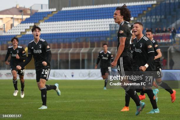 Martin Palumbo of Juventus Next Gen celebrates with his team-mates after scoring the opening goal during the Serie C match between Pro Patria and...