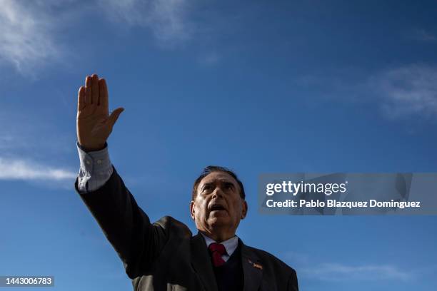 Jose Luís Corral, leader of the Spanish Catholic Movement does the fascist salute during a rally commemorating the 47th anniversary of Spain's former...