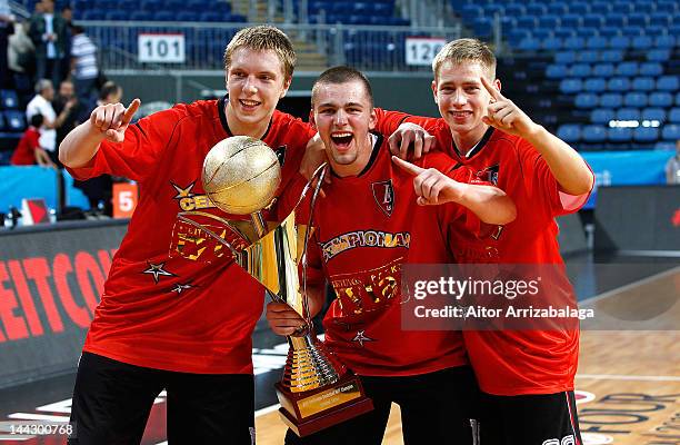 Lietuvos Rytas players celebrate at the end of the Nike International Junior Tournament Final game between Lietuvos Rytas v Fenerbahce Ulker at Sinan...