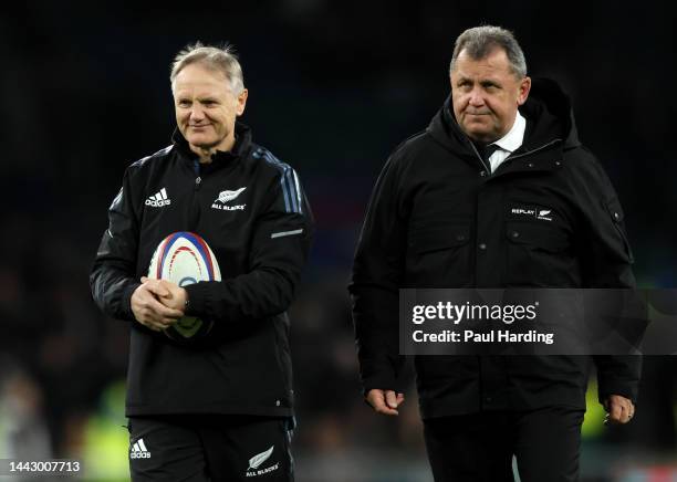 Joe Schmidt, Attack coach of New Zealand and Ian Foster, Head Coach of New Zealand look on during the Autumn International match between England and...