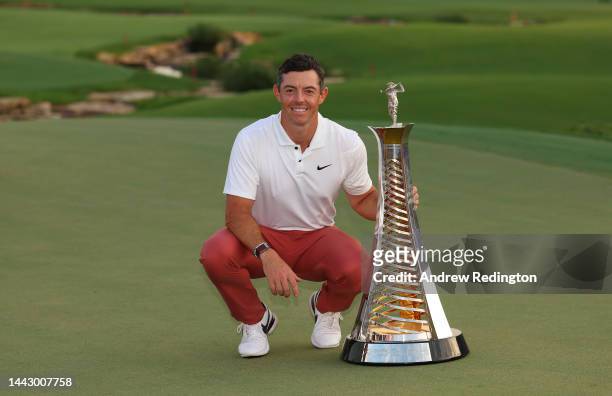 Rory McIlroy of Northern Ireland poses with the Harry Vardon trophy during Day Four of the DP World Tour Championship on the Earth Course at Jumeirah...