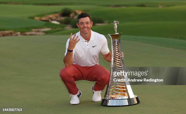 Rory McIlroy of Northern Ireland poses with the Harry Vardon trophy during Day Four of the DP World Tour Championship on the Earth Course at Jumeirah...