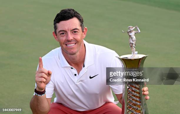 Rory McIlroy of Northern Ireland poses with the Harry Vardon Trophy after the final round on Day Four of the DP World Tour Championship on the Earth...