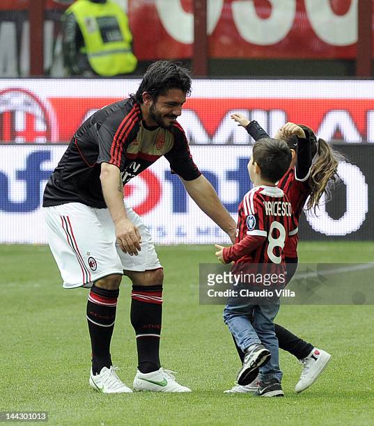 Gennaro Gattuso of AC Milan with his children Francesco and Gabriella during the Serie A match between AC Milan and Novara Calcio at Stadio Giuseppe...