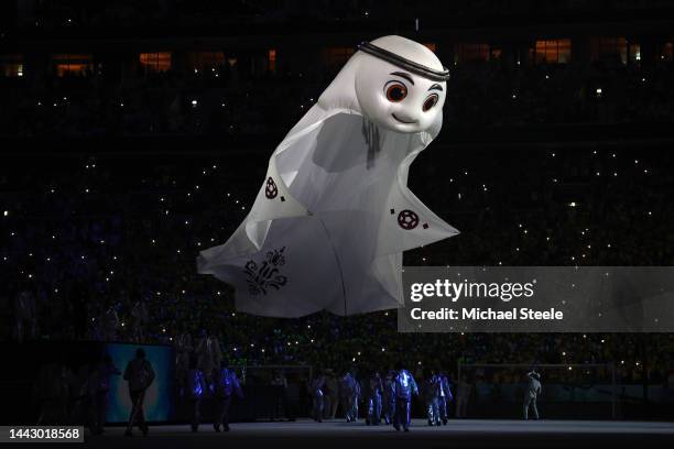 Qatar World Cup mascot La'eeb is seen during the opening ceremony prior to the FIFA World Cup Qatar 2022 Group A match between Qatar and Ecuador at...