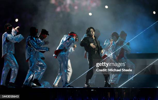 Jung Kook of BTS performs during the opening ceremony prior to the FIFA World Cup Qatar 2022 Group A match between Qatar and Ecuador at Al Bayt...