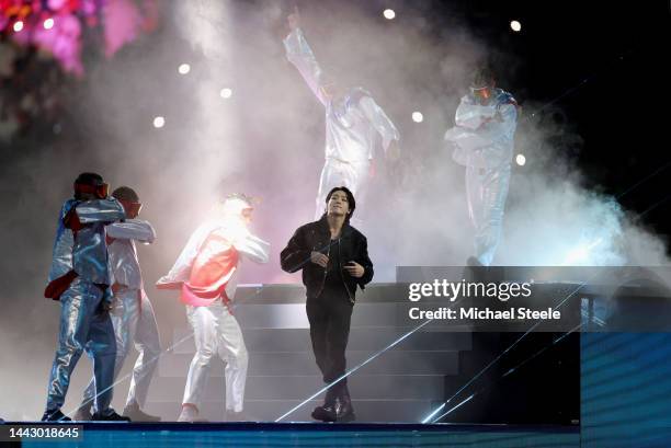 Jung Kook of BTS performs during the opening ceremony prior to the FIFA World Cup Qatar 2022 Group A match between Qatar and Ecuador at Al Bayt...