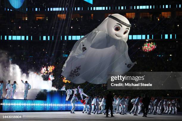 Qatar World Cup mascot La'eeb is seen during the opening ceremony prior to the FIFA World Cup Qatar 2022 Group A match between Qatar and Ecuador at...