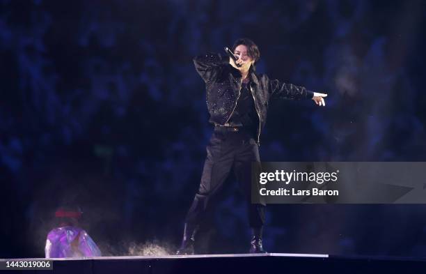 Jung Kook of BTS performs during the opening ceremony prior to the FIFA World Cup Qatar 2022 Group A match between Qatar and Ecuador at Al Bayt...