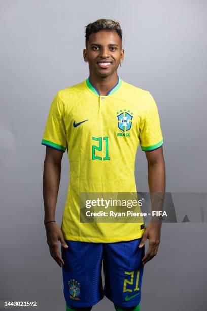 Rodrygo of Brazil poses during the official FIFA World Cup Qatar 2022 portrait session on November 20, 2022 in Doha, Qatar.