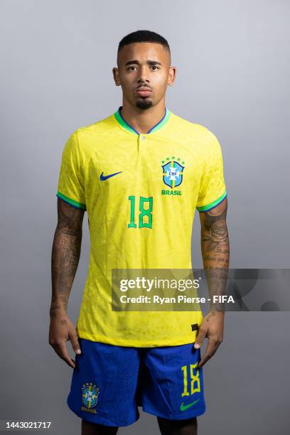 Gabriel Jesus of Brazil poses during the official FIFA World Cup Qatar 2022 portrait session on November 20, 2022 in Doha, Qatar.