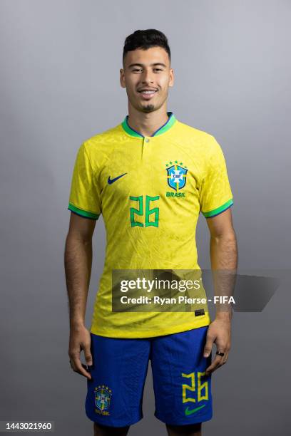 Gabriel Martinelli of Brazil poses during the official FIFA World Cup Qatar 2022 portrait session on November 20, 2022 in Doha, Qatar.