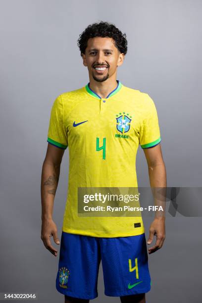Marquinhos of Brazil poses during the official FIFA World Cup Qatar 2022 portrait session on November 20, 2022 in Doha, Qatar.