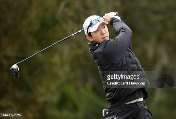 Seung-Yul Noh of South Korea plays his shot from the second tee at Sea Island Resort Seaside Course on November 20, 2022 in St Simons Island, Georgia.