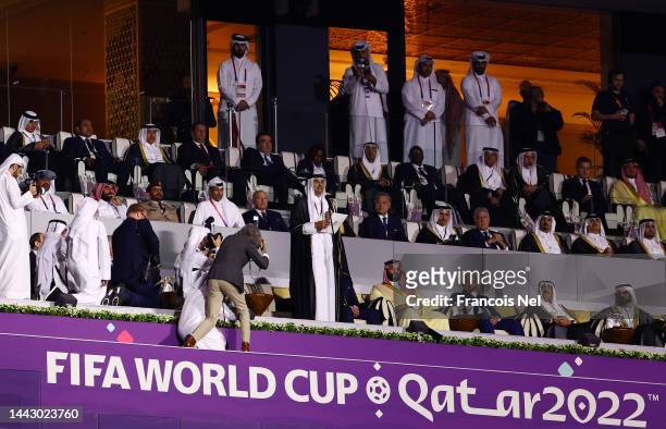 Emir of Qatar Tamim bin Hamad Al Thani delivers a remark during the opening ceremony prior to the FIFA World Cup Qatar 2022 Group A match between...