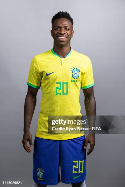 Vinicius Junior of Brazil poses during the official FIFA World Cup Qatar 2022 portrait session on November 20, 2022 in Doha, Qatar.