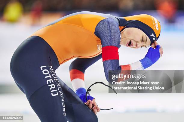 Joy Beune of Netherlands reacts in the Women's 3000m during the ISU World Cup Speed Skating at Thialf on November 20, 2022 in Heerenveen, Netherlands.