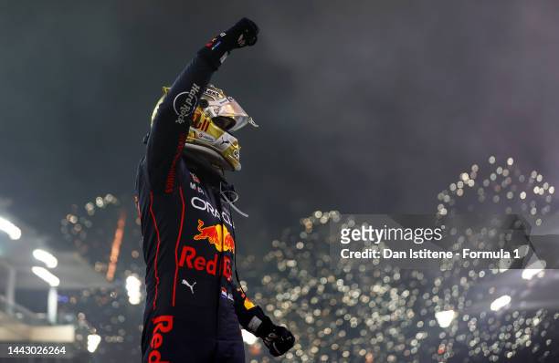 Race winner Max Verstappen of the Netherlands and Oracle Red Bull Racing celebrates in parc ferme following the F1 Grand Prix of Abu Dhabi at Yas...