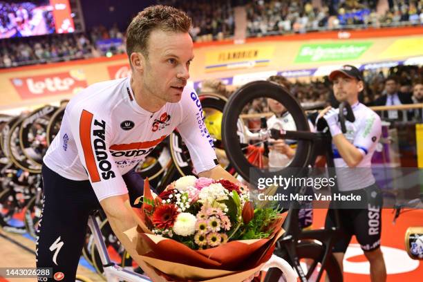 Iljo Keisse of Belgium and Team Lotto Soudal - Quick-Step in celebration of his tribute during the Men's elite track cycling on day six of the 81st 6...