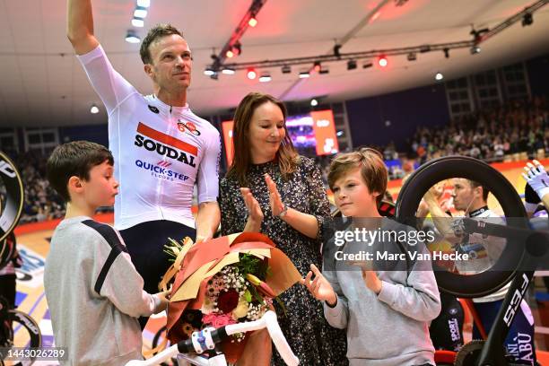 Iljo Keisse of Belgium and Team Lotto Soudal - Quick-Step with his wife An-Sofie Zenner and sons in celebration of his tribute during the Men's elite...