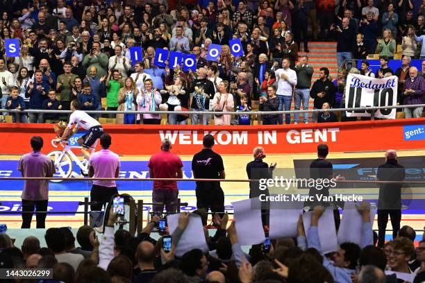 Iljo Keisse of Belgium and Team Lotto Soudal - Quick-Step in celebration of his tribute during the Men's elite track cycling on day six of the 81st 6...