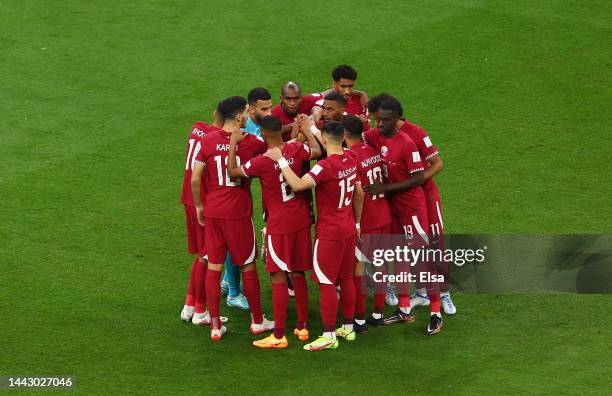 Qatar players huddle prior to the FIFA World Cup Qatar 2022 Group A match between Qatar and Ecuador at Al Bayt Stadium on November 20, 2022 in Al...