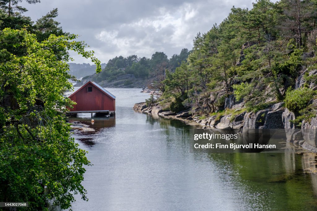 Typical Norwegian boat house in the Bragdøya channel