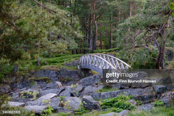 wooden bridge over the canal at bragdøya in southern norway - finn bjurvoll stockfoto's en -beelden