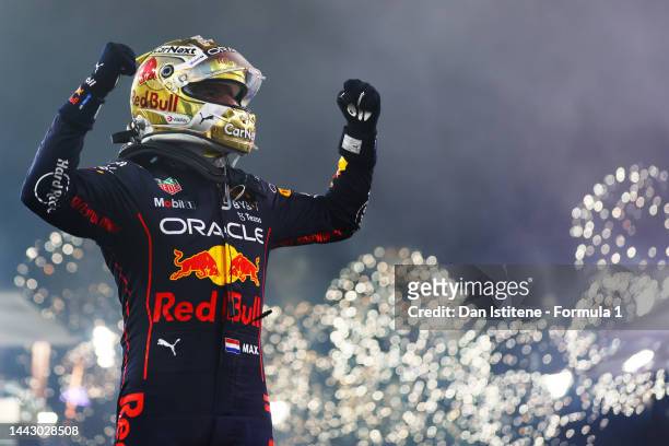 Race winner Max Verstappen of the Netherlands and Oracle Red Bull Racing celebrates in parc ferme during the F1 Grand Prix of Abu Dhabi at Yas Marina...