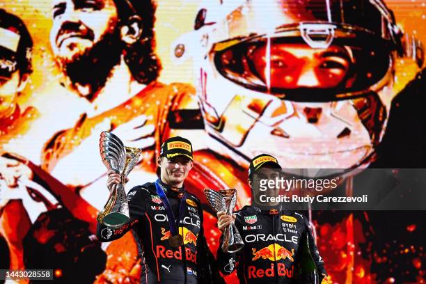 Race Winner Max Verstappen of the Netherlands and Oracle Red Bull Racing and Third placed Sergio Perez of Mexico and Oracle Red Bull Racing celebrate...