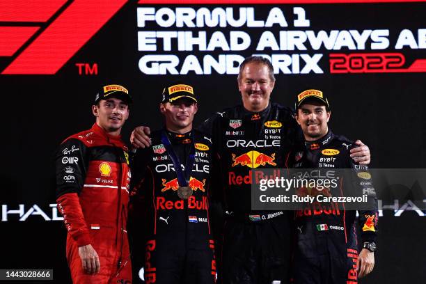 Race winner Max Verstappen of the Netherlands and Oracle Red Bull Racing, second placed Charles Leclerc of Monaco and Ferrari, Olaf Janssen, Red Bull...