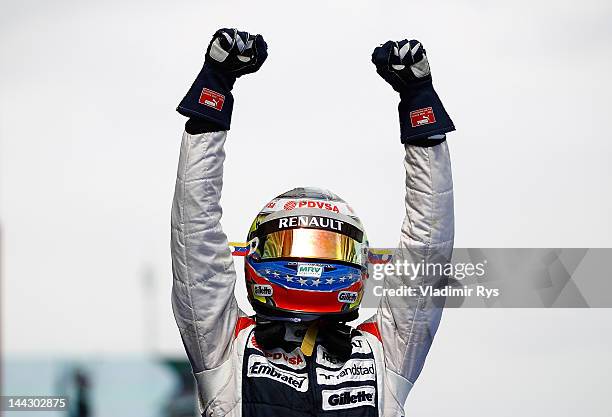 Pastor Maldonado of Venezuela and Williams celebrates after winning the Spanish Formula One Grand Prix at the Circuit de Catalunya on May 13, 2012 in...