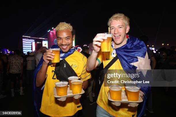 Australia fans pose for a photograph during day 2 of the FIFA World Cup 2022 Qatar Fan Festival at Al Bidda Park on November 20, 2022 in Doha, Qatar.