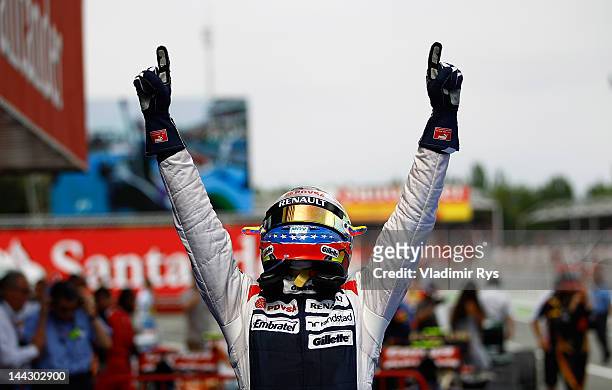 Pastor Maldonado of Venezuela and Williams celebrates after winning the Spanish Formula One Grand Prix at the Circuit de Catalunya on May 13, 2012 in...