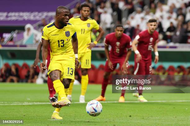 Enner Valencia of Ecuador converts the penalty to score his side's first goal during the FIFA World Cup Qatar 2022 Group A match between Qatar and...