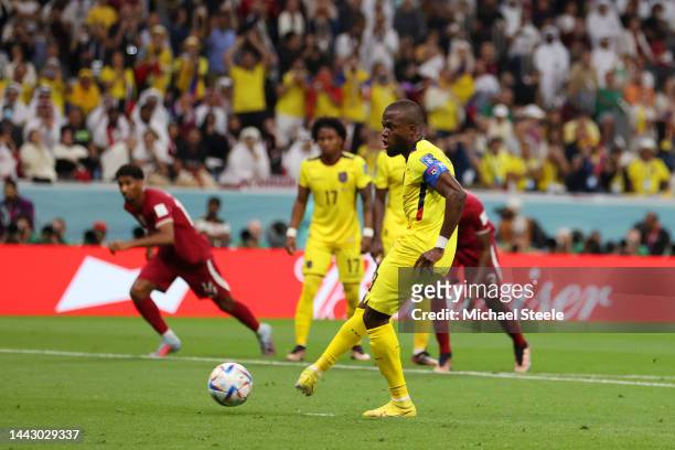 Enner Valencia of Ecuador converts the penalty to score his side's first goal during the FIFA World Cup Qatar 2022 Group A match between Qatar and...