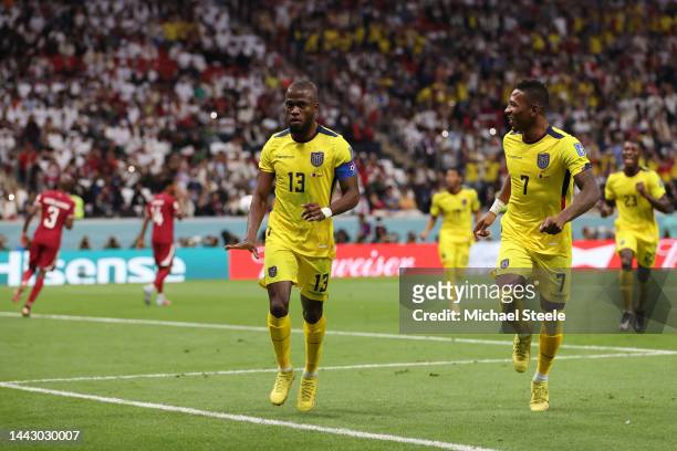 Enner Valencia of Ecuador celebrates after scoring their team's first goal from the penalty spot during the FIFA World Cup Qatar 2022 Group A match...