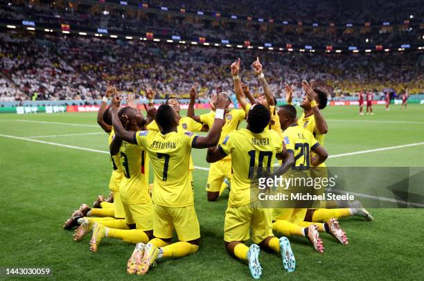 Enner Valencia of Ecuador celebrates with team mates after scoring their team's first goal from the penalty spot during the FIFA World Cup Qatar 2022...