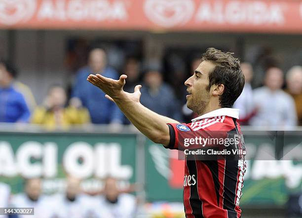 Mathieu Flamini of AC Milan celebrates scoring their first goal during the Serie A match between AC Milan and Novara Calcio at Stadio Giuseppe Meazza...