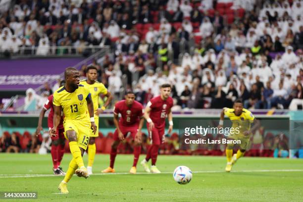 Enner Valencia of Ecuador scores their team's first goal from the penalty spot during the FIFA World Cup Qatar 2022 Group A match between Qatar and...