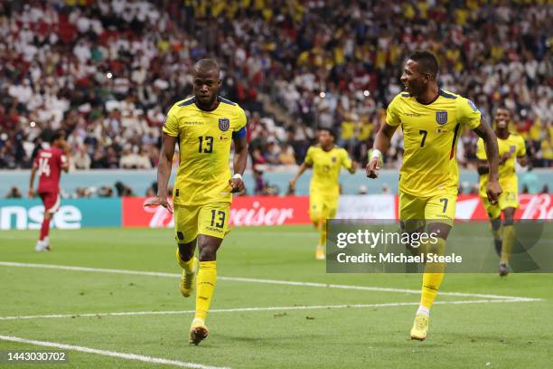 Enner Valencia of Ecuador celebrates after scoring a penalty for their side's first goal during the FIFA World Cup Qatar 2022 Group A match between...