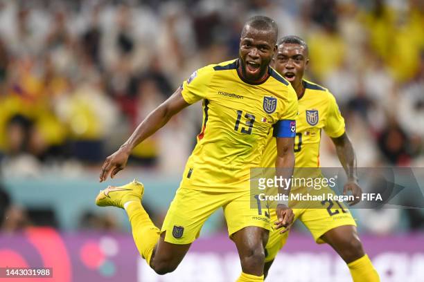 Enner Valencia of Ecuador celebrates after scoring their team's second goal during the FIFA World Cup Qatar 2022 Group A match between Qatar and...