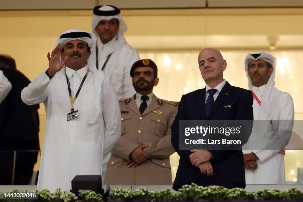 President Gianni Infantino and Qatar Emir Sheikh Tamim bin Hamad Al Thani are seen prior to the FIFA World Cup Qatar 2022 Group A match between Qatar...