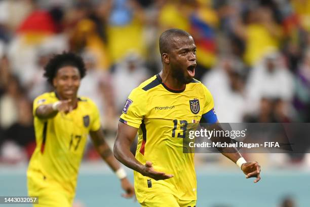 Enner Valencia of Ecuador celebrates after scoring their team's second goal during the FIFA World Cup Qatar 2022 Group A match between Qatar and...