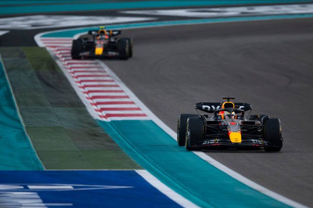 F1 Grand Prix of Abu DhabiABU DHABI, UNITED ARAB EMIRATES - NOVEMBER 20: Max Verstappen of the Netherlands driving the (1) Oracle Red Bull Racing RB18 leads Sergio Perez of Mexico driving the (11) Oracle Red Bull Racing RB18 on track during the F1 Grand Prix of Abu Dhabi at Yas Marina Circuit on November 20, 2022 in Abu Dhabi, United Arab Emirates. Christian Horner