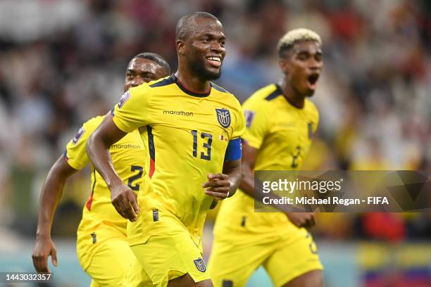 Enner Valencia of Ecuador celebrates after scoring their team's second goal during the FIFA World Cup Qatar 2022 Group A match between Qatar and...