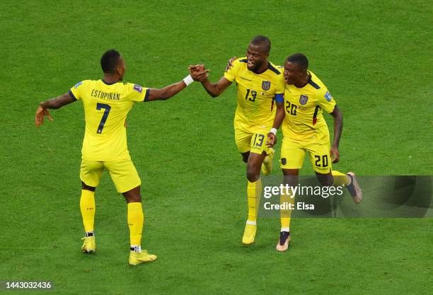 Enner Valencia of Ecuador celebrates after scoring their team's second goal during the FIFA World Cup Qatar 2022 Group A match between Qatar and...