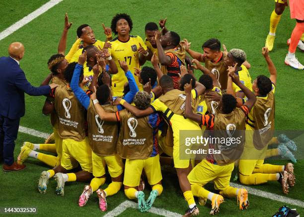 Enner Valencia of Ecuador celebrates with teammates after scoring their team's second goal during the FIFA World Cup Qatar 2022 Group A match between...